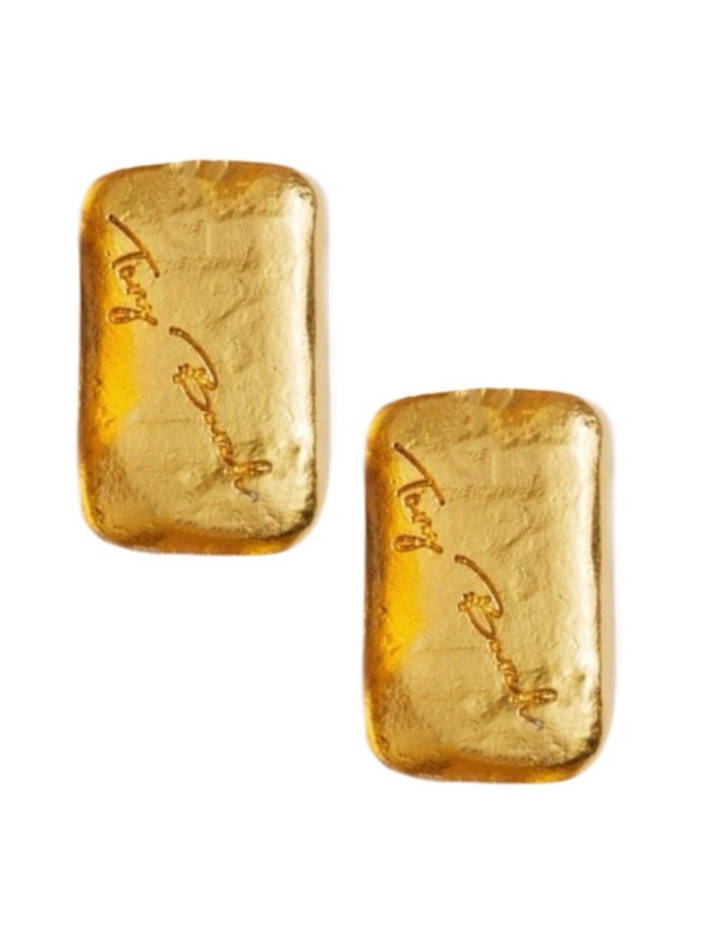 TORY BURCH • Gold Torsade Signature Luggage Tag Nugget Logo Plaque Earrings
